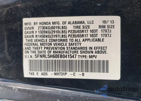 2014 Honda Odyssey Ex-L z USA, uszkodzony, nr VIN 5FNRL5H60EB041547